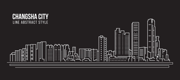 长沙市城市景观建筑线条艺术矢量插画设计
