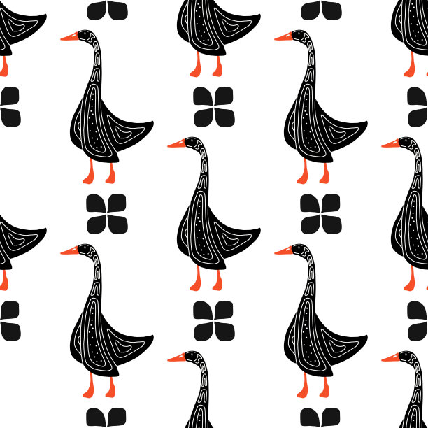手绘无缝鹅图案。雕刻矢量插图风格。模板为您的设计工作。带有民间图案的程式化的鸟。适用于布料、横幅、明信片、童书等。