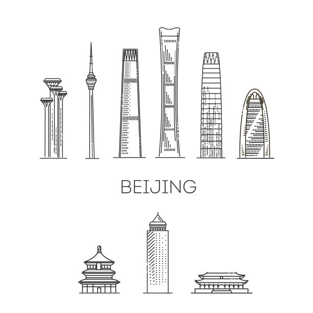北京，中国，建筑线条天际线插图。线性矢量城市景观与著名的地标