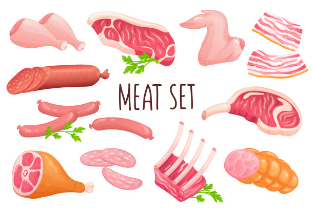 肉类图标设置在现实的3d设计。一捆鸡翅和鸡腿，牛排，排骨，培根，火腿，香肠等。肉店产品收藏。矢量插图孤立的白色背景