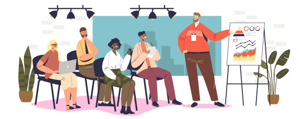 商务教练在观众面前讲话。导师提供研讨会、培训的图表和报告