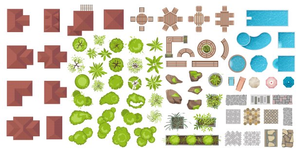 设置建筑和景观元素，俯视图。收藏房屋、植物、花园、树木、游泳池、户外木制家具、瓷砖。平面向量。表、长凳、椅子。从以上观点。
