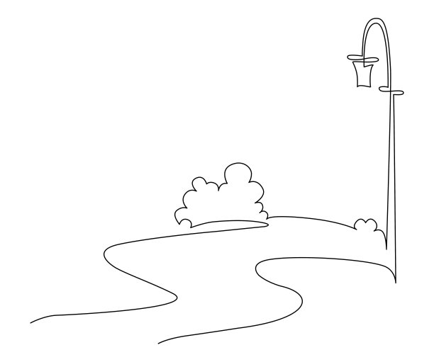 景观公园有一条小路、树木和一根路灯柱。连续的线条画。矢量插图。轮廓小径