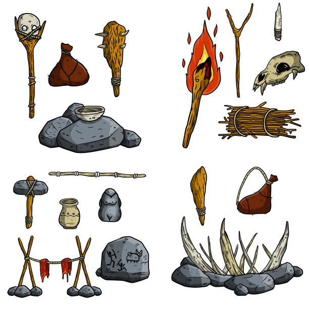 一套原始人类和猎人的物品。穴居人的武器。石器时代的锤子、斧头和棍棒。生活方式和工具。卡通插图