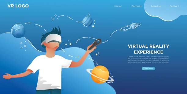 戴着虚拟现实耳机的男人。看着外太空，宇宙中有行星，火箭，拿着控制器。向量旗帜为网站，与按钮和空间为文本的着陆页