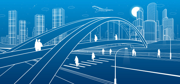公路上的人行天桥。走在城市街道上的人们。现代晚上小镇。基础设施说明，城市场景。蓝底白线。矢量设计艺术
