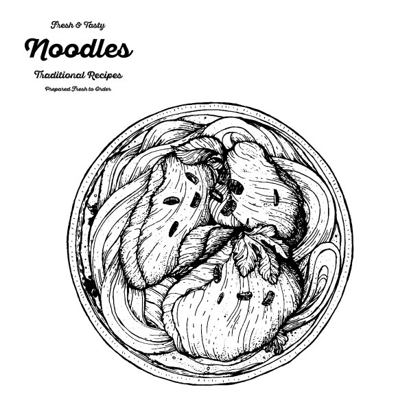 乌冬面手绘草图。俯视图矢量插图。面条菜。雕刻风格。黑白插图。面条在碗里。亚洲食品。