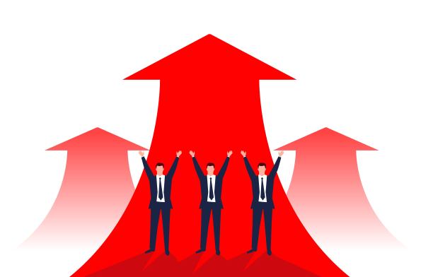 三位商人站在一支上升的箭上欢呼，企业成长、晋升、事业发展、成功理念