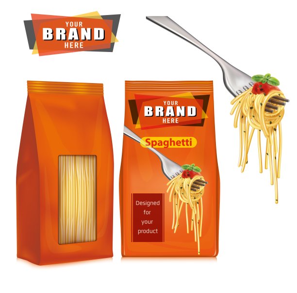 意大利面条的包装设计。矢量意大利面和包装模板孤立在白色背景