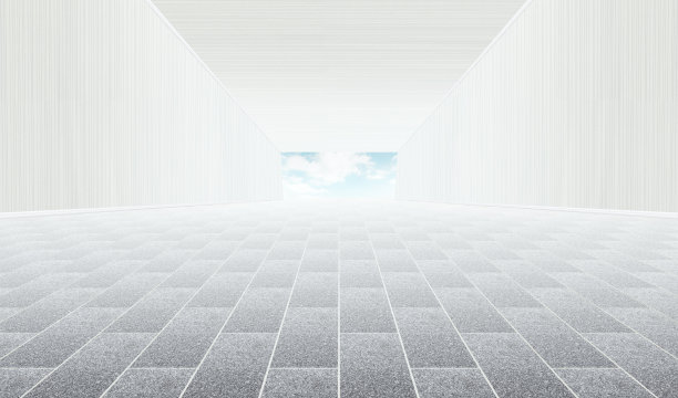 3D渲染砖地板延伸了未来的空间通道背景