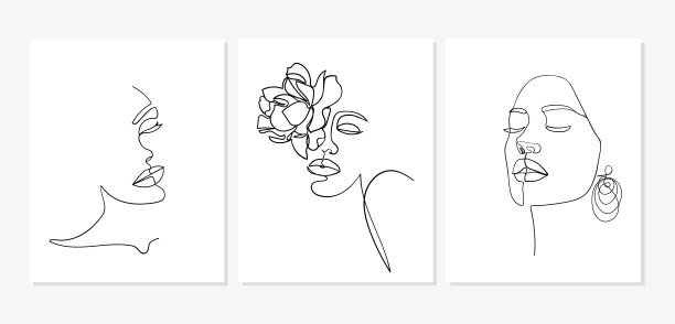 一组面。简单，极简主义的矢量美女脸插图。画线。