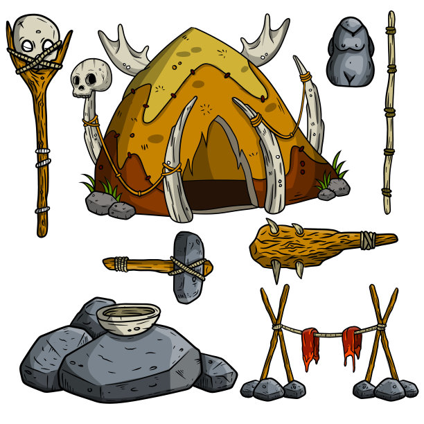 一套穴居人物品。棚屋的皮和骨头，木棒，动物的头骨。原始人的生活方式。卡通插图