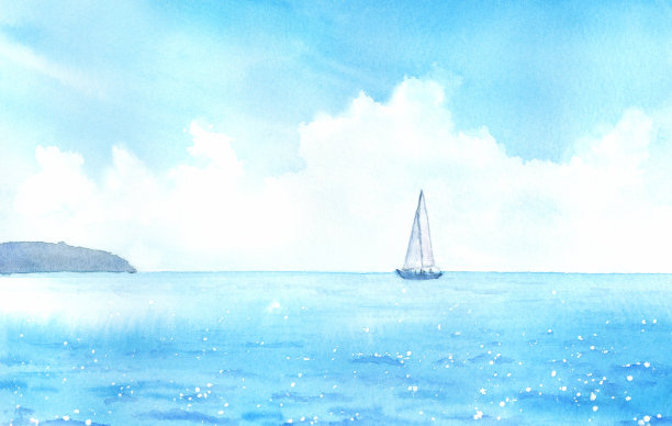 海上游艇的水彩插图