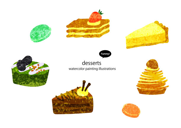 甜品、食物插图、水彩画