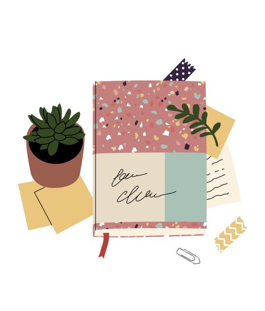 用文具装饰组成。写日记，写信，享受日常生活。可爱的植物。桌子上的物品。前视图。平面风格的矢量插图。