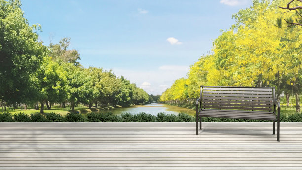 户外休闲平台和沙发长椅的背景，公园美景，3D插画渲染