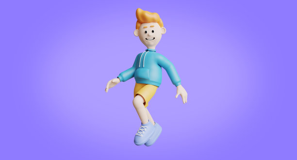 年轻人的微笑和跳跃姿势的3d渲染。