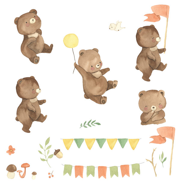 水彩熊。儿童森林动物插图