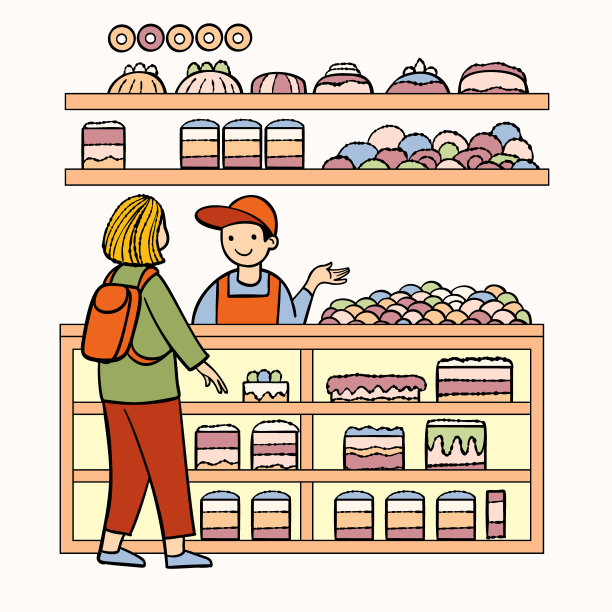 一个女孩在一家糕点店买蛋糕。