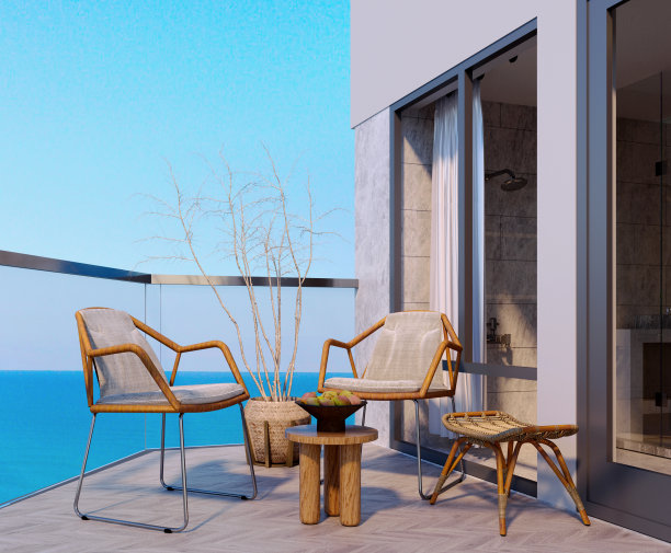 3d渲染，3d插画，室内场景和模型，阳台休息区，木椅。