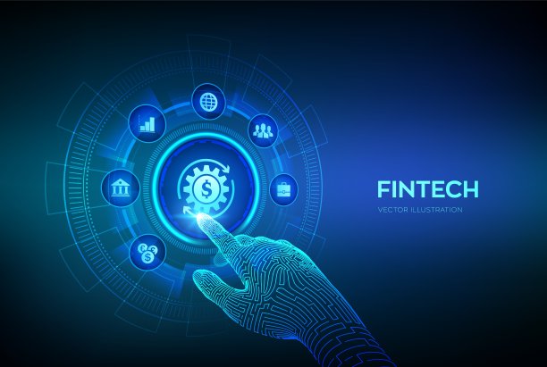 Fintech。金融科技、网上银行、众筹。商业投行支付技术概念在虚拟屏幕上呈现。机械手触摸数字接口。矢量插图。