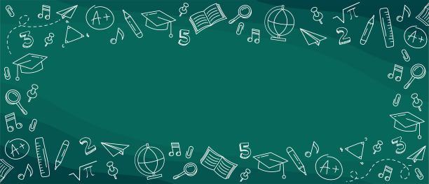 回到学校。抽象的黑板上。绿色黑板与手绘粉笔学校用品。