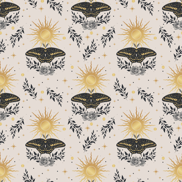 金色无缝图案与蝴蝶和草本植物。