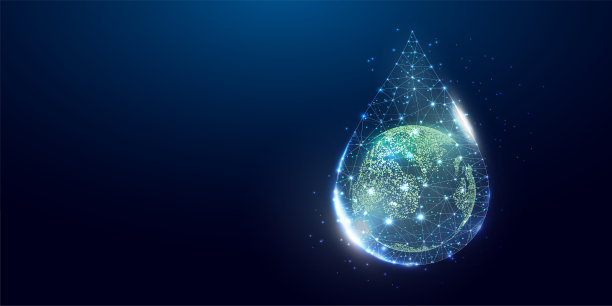 地球在一滴水里。世界水日，保护环境，生态理念。线框低聚风格，孤立在深蓝色背景。矢量图