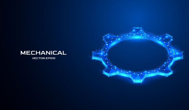 摘要数字低多边形等距三维齿轮。深蓝色背景中的齿轮机械工程。线和点网格结构概念向量背景。