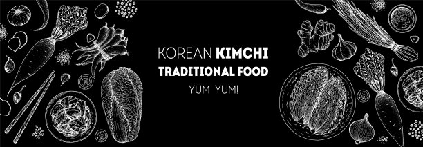 泡菜烹饪及泡菜配料，素描插图。韩国菜。健康食品，设计元素。手绘、包装设计。亚洲食物