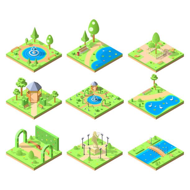 抽象设置等距收集3D绿色公园池塘与长椅，树木，花卉矢量设计风格放松旅游花园自然水