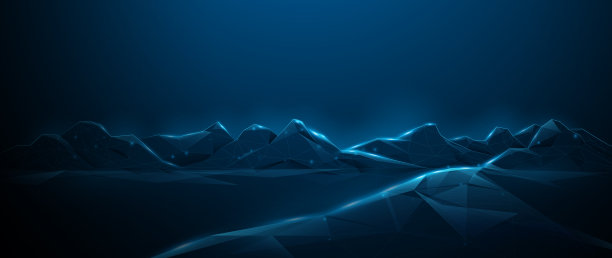 蓝色的乡村道路和山脉景观与线条，低多边形，线框。矢量图