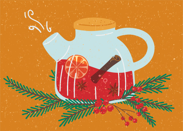 热茶壶和冬天的饮料。香草茶加肉桂，八角和橘子。用圣诞树的树枝泡茶。舒适的圣诞茶。平面风格的矢量插图。