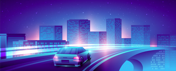 汽车在桥上行驶。夜晚霓虹的城市景观。