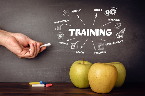 培训。动机、技能、发展和网络研讨会的概念。带有关键字和图标的图表