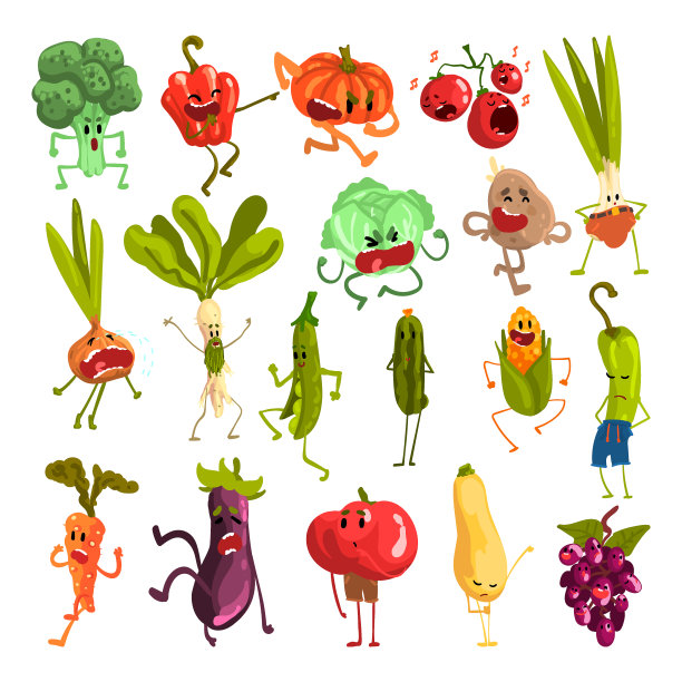 蔬菜字符作为有趣的新鲜有机食品与脸有手和腿向量集