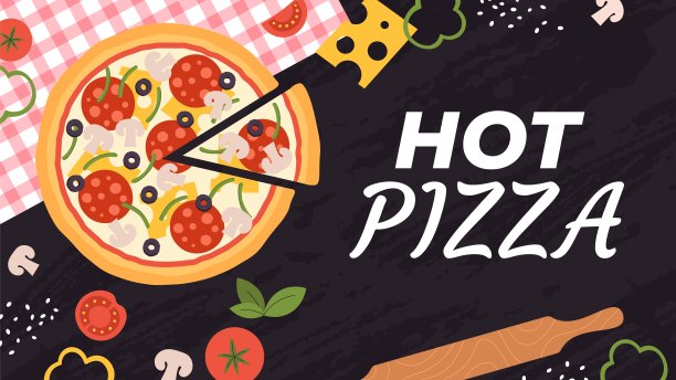 切达干酪披萨和蘑菇背景。菜单比萨店模板。意大利菜的配料和食物。热披萨送活泼矢量横幅