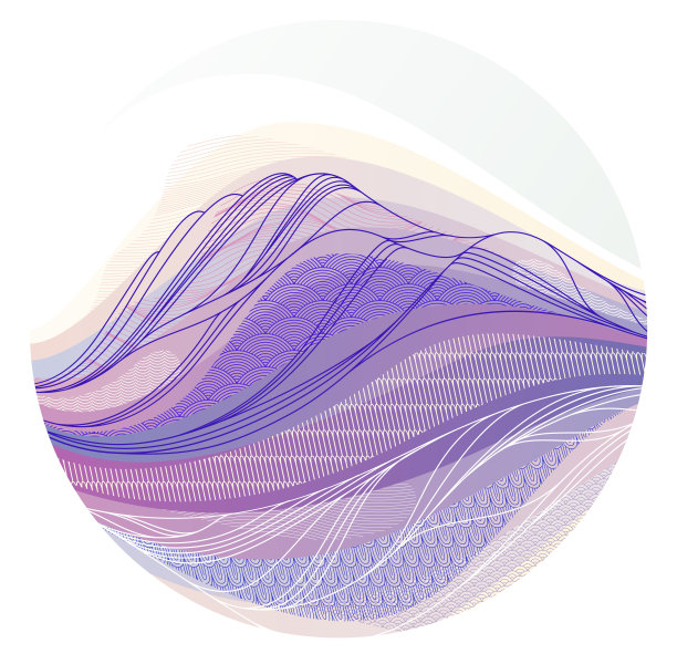 抽象的东方日本艺术矢量背景以圆形为主，传统风格的设计，波浪形的山峦地形景观，流水般的海线。