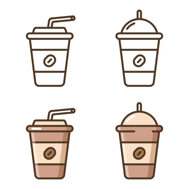 咖啡饮料图标设置。纸杯咖啡平面风格矢量设计的白色背景。
