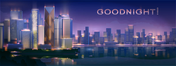 晚安，各位。股票矢量插图背景城市夜晚霓虹灯风格的建筑建筑和纪念碑城镇乡村旅行传单。每股收益10。