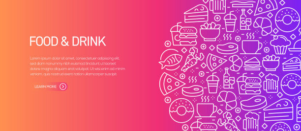 食品和饮料横幅模板与线图标。现代矢量插图广告，标题，网站。