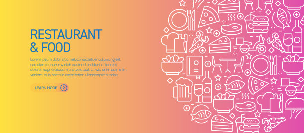 餐厅和食品横幅模板与线图标。现代矢量插图广告，标题，网站。
