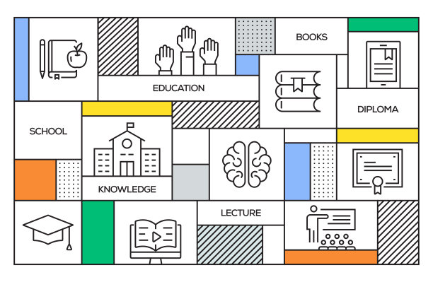 教育的概念。几何复古风格的旗帜和海报概念与教育线图标