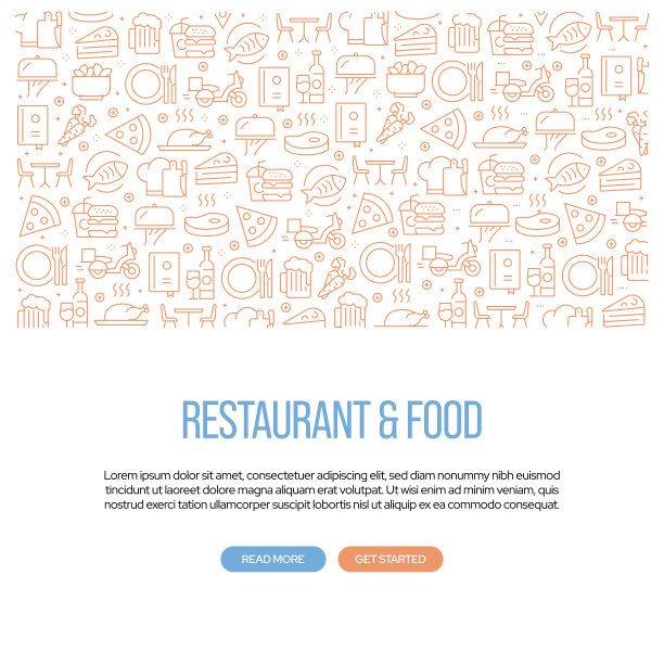 带有图案的餐厅和食品相关横幅设计。现代线条风格图标矢量插图