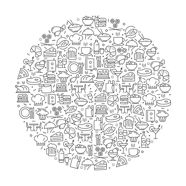 图案与餐厅和食物图标。黑色和白色细线图标