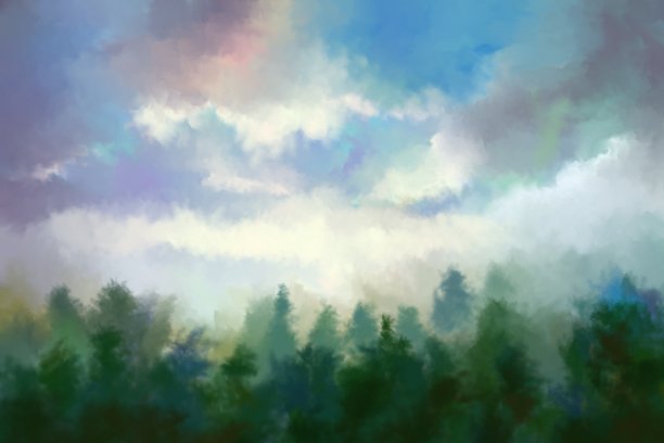 晨雾在森林里，画着