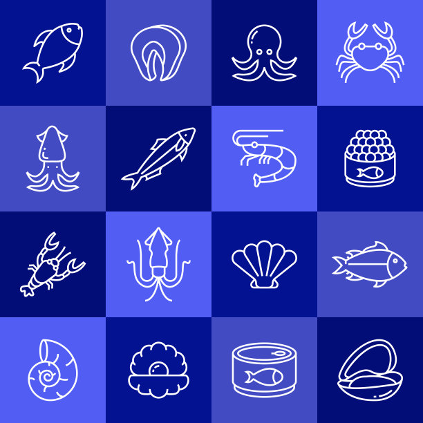 简单的海产品相关矢量线图标。大纲符号集合。