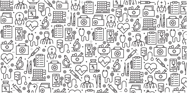 以流行的线性样式为医疗保健和医疗保健提供的设计模板和元素的向量集-具有与医疗保健和医疗相关的线性图标的无缝模式-向量