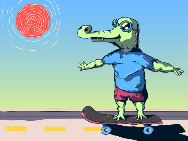 有趣的卡通矢量插图-酷鳄鱼在滑板上。