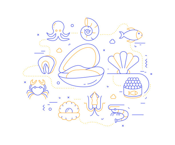 海食品相关的线风格横幅设计网页，标题，小册子，年度报告和书的封面